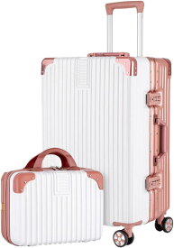 スーツケース キャリーバッグ 親子セット アルミフレーム式 静音キャスター 大容量 耐衝撃 軽量 機内持ち込み 旅行 出張 (ホワイト+ローズゴールド) 大容量 耐衝撃 隠しフック機能 静音
