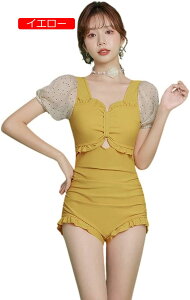 水着 レディース ワンピース セクシー 体型カバー バスト 盛れる 軽量 肩出し おしゃれ かわいい レース 無地 パット付き プール 韓国風 カバー ビーチ 大きいサイズ 女性用 ママ水着 海 フレ