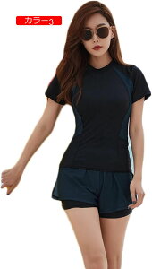 フィットネス水着 2点セット レディース 体型カバー 紫外線対策 スポーティー水着 海水浴 半袖水着 競泳水着 スイムドレス 運動水着 UVカット セパレート スポーツ風 水陸両用 ママ用