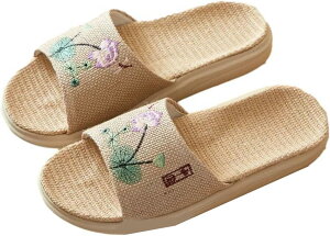 スリッパ 亜麻 花刺繍 伝統 和風 レディース ホームスリッパ 室内履き ルームシューズ 来客用 涼感 ムレない 滑り止め 静音軽量 抗菌衛生 消臭 お洒落 春夏秋冬 部屋ばき ホテル 休憩室