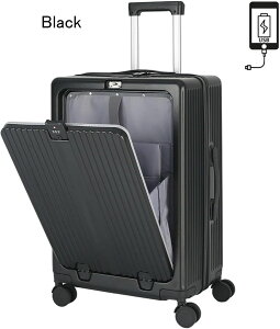 スーツケース フロントオープン USB Type-C 充電口 キャリーケースカップホルダー付き 前ポケット 機内持ち込み 携帯電話ホルダー付き 側面フック 静音ダブルキャスター 超軽量 小型 多収納ポ