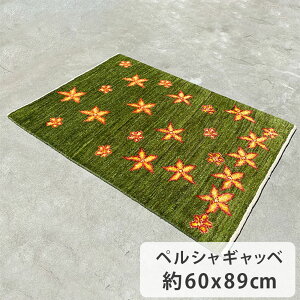 ペルシャギャッベ ファインクオリティ 約60cm x 89cm 玄関サイズ グリーン 緑色 ウール100% 羊毛 天然 ふかふか モコモコ 花柄 フラワー ホットカーペット対応 床暖房対応 オールシーズン 現品限