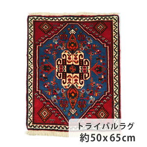 トライバルラグ ヤラメ 約50cmx 65cm 玄関マット レッド ブルー 赤色 青色 長方形 羊毛 ウール メダリオン ホットカーペット対応 床暖房対応 室内 オールシーズン 一年中 現品限り 一点もの 高
