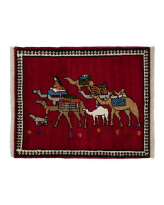 ペルシャ絨毯 シーラーズ 約77cm x 85cm 玄関マット ギャッベ ラグ 絨毯 犬 ラクダ ドッグ レッド ウール100% 羊毛 自然 ユニーク 個性的 モコモコ ふかふか 動物 アニマル オールシーズン 床暖房