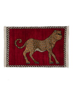 ライオンギャッベ 約65cm x 93cm 玄関マット ギャッベ ラグ 絨毯 ヒョウ レッド ウール100% 羊毛 自然 ユニーク 個性的 モコモコ ふかふか 動物 アニマル オールシーズン 床暖房対応 ホットカーペ