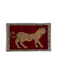 ライオンギャッベ 約65cm x 100cm 玄関マット ギャッベ ラグ 絨毯 ライオン レッド ウール100% 羊毛 自然 ユニーク 個性的 モコモコ ふかふか 動物 アニマル オールシーズン 床暖房対応 ホットカ