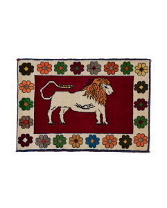 ライオンギャッベ 約65cm x 93cm 玄関マット ギャッベ ラグ 絨毯 ライオン 花 フラワー レッド ウール100% 羊毛 自然 ユニーク 個性的 モコモコ ふかふか 動物 アニマル オールシーズン 床暖房対