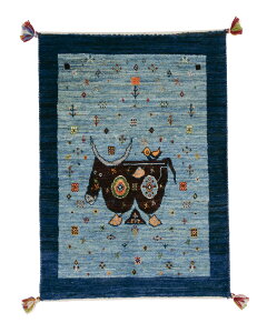 ペルシャギャッベ カシュクリ 約68cm x 97cm 玄関マット ギャッベ ラグ 絨毯 ブルー 青 ウール100% 牛 鳥 羊毛 自然 ユニーク 個性的 モコモコ ふかふか 動物 アニマル オールシーズン 床暖房対応
