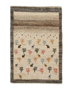 ペルシャギャッベ 約62cm x 91cm 玄関マット ベージュ ウール 羊毛 天然 ふかふか モコモコ 厚手 現品限り ギャべ ラクダ 生命の樹 床暖房対応 ホットカーペット対応 オールシーズン 一年中 春