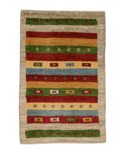 ペルシャギャッベ 約58cm x 90cm 玄関マット ベージュ ボーダー ミックス ウール 羊毛 天然 ふかふか モコモコ 厚手 現品限り ギャべ ザクロ 鳥 生命の樹 床暖房対応 ホットカーペット対応 オー