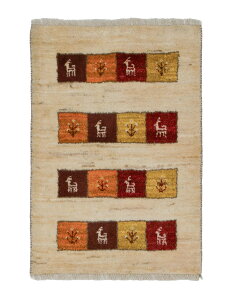 ペルシャギャッベ 約60cm x 89cm 玄関マット ベージュ ウール 羊毛 天然 ふかふか モコモコ 厚手 現品限り ギャべ 鹿 生命の樹 パネル 床暖房対応 ホットカーペット対応 オールシーズン 一年中