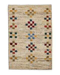 ペルシャギャッベ 約62cm x 91cm 玄関マット ベージュ ウール 羊毛 天然 ふかふか モコモコ 厚手 現品限り ギャべ 幾何学模様 床暖房対応 ホットカーペット対応 オールシーズン 一年中 春 夏 秋