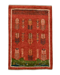 ペルシャギャッベ 約58cm x 86cm 玄関マット オレンジ グリーン ウール 羊毛 天然 ふかふか モコモコ 厚手 現品限り 1点もの ギャべ 生命の樹 草原 床暖房対応 ホットカーペット対応 オールシー