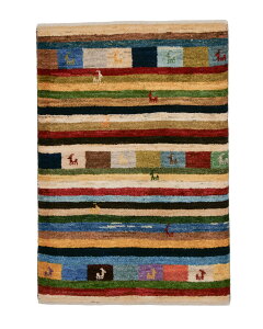 ペルシャギャッベ 約62cm x 90cm 玄関マット グリーン ネイビー アイボリー ウール 羊毛 天然 ふかふか モコモコ 厚手 現品限り ギャべ 鹿 パッチワーク ボーダー 縞々 ストライプ カラフル 床暖