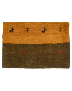 ペルシャギャッベ 約50cm x 80cm 玄関マット ギャッベ ブラウン イエロー 山吹色 茶色 ウール100% 羊毛 自然 モコモコ ふかふか クッション性 ボーダー 長方形 オールシーズン 春 夏 秋 冬 床暖房