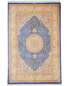 ペルシャ絨毯 クム産 パルディス工房 シルク 約197cm x 297cm リビング ダイニング 絹 ブルー 青色 サラサラ ツヤツヤ 艶 光沢 上品 高級 メダリオン 唐草模様 ホットカーペット対応 床暖房対応