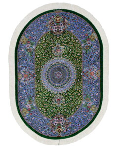 ペルシャ絨毯 クム産 シラジ工房 シルク 約80cm x 119cm 玄関マット グリーン ホットカーペット対応 床暖房対応 オールシーズン 一年中 サラサラ ツヤツヤ しっとり 滑らか 高級 上品 光沢 艶 美