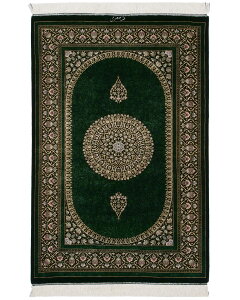 ペルシャ絨毯 クム産 シルク 約80cm x 122cm 玄関マット グリーン 緑色 ホットカーペット対応 床暖房対応 オールシーズン 一年中 サラサラ ツヤツヤ しっとり 滑らか 高級 上品 光沢 艶 美しい