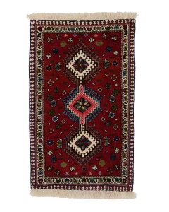 ペルシャ絨毯 ヤラメ 約60cm x 92cm 玄関マット リビング ブルー レッド 青 赤 長方形 羊毛 ウール メダリオン ホットカーペット対応 床暖房対応 室内 オールシーズン 一年中 現品限り 一点もの