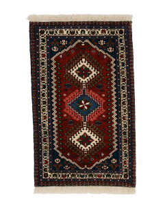 ペルシャ絨毯 ヤラメ 約57cm x 90cm 玄関マット リビング グリーン ブルー レッド 緑 青 赤 長方形 羊毛 ウール メダリオン ホットカーペット対応 床暖房対応 室内 オールシーズン 一年中 現品限