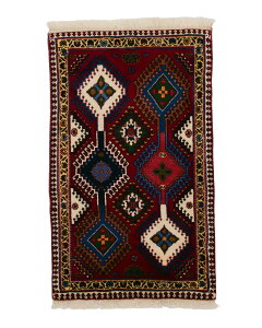 ペルシャ絨毯 ヤラメ 約63cm x 103cm 玄関マット リビング ブルー レッド 青 赤 長方形 羊毛 ウール メダリオン ホットカーペット対応 床暖房対応 室内 オールシーズン 一年中 現品限り 一点もの