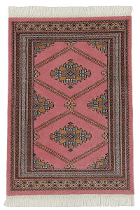 パキスタン絨毯 ファインクオリティ 約63cm x 92cm ピンク ウール100% 羊毛 桃色 ホットカーペット対応 床暖房対応 オールシーズン 1年中 幾何学模様 おしゃれ
