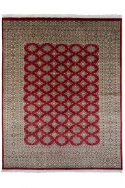 パキスタン絨毯 約197cmx 240cm ダイニングサイズ 約3畳 レッド 赤色 ウール 羊毛 幾何学模様 天然 ツヤツヤ 艶 滑らか ホットカーペット対応 床暖房対応 オールシーズン 一年中 幾何学模様 総柄 パキスタン製 現品限り 一点もの ラグ