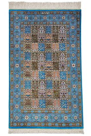 ペルシャ絨毯 約80cm x 123cm へシティ パネルデザイン シルク 絹 ブルー 絵画 タペストリー 壁 玄関 リビング ホットカーペット対応 床暖房対応 オールシーズン 一年中 現品限り 一点もの
