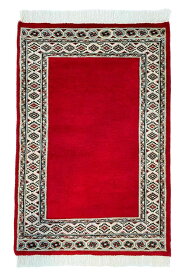 パキスタン絨毯　約63cm x 95cm レッド ベージュ グリーン 赤色 緑色 ウール シルク 羊毛 絹 玄関マット 天然 滑らか ツヤツヤ 艶 手織り 一点もの 現品限り 床暖房対応 ホットカーペット対応 オールシーズン 一年中 フリンジ 幾何学模様