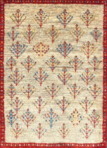 ペルシャギャッベ ファインクオリティ 約69cm x 96cm 玄関サイズ ウール100% 羊毛 天然 ふかふか モコモコ 生命の樹 木 植物 カラフル ベージュ ブラウン ホットカーペット対応 床暖房対応 オー