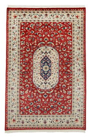 パキスタン絨毯 約140cm x 208cm リビングサイズ 約2畳 レッド 赤色 長方形 メダリオン 羊毛 ウール 滑らか ツヤツヤ サラサラ ホットカーペット対応 床暖房対応 室内 オールシーズン 一年中 現品限り 一点もの 高級 北欧 絨毯 ラグ