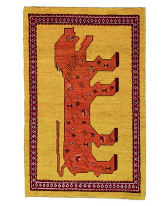 ライオンギャッベ 約83cm x 123cm 玄関マット ギャッベ ラグ 絨毯 イエロー オレンジ 黄色 ウール100% 羊毛 自然 ユニーク 個性的 モコモコ ふかふか 動物 アニマル オールシーズン 床暖房対応 ホ