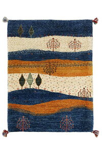 ペルシャギャッベ カシュクリ 約81cm x 109cm 玄関マット ウール100% ブルー イエロー 青 黄色 生命の樹 羊毛 天然 ふかふか モコモコ 四角 カラフル ボーダー 現品限り ホットカーペット対応 床