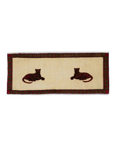 ペルシャ絨毯 シーラーズ産 約47cm x 117cm 玄関マット ギャッベ ラグ 絨毯 赤 黒 レッド ブラック ナチュラル ウール100% 羊毛 自然 ユニーク 個性的 モコモコ ふかふか 動物 アニマル オールシー