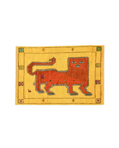 ライオンギャッベ 約60cm x 90cm 玄関マット ギャッベ ラグ 絨毯 イエロー 黄色 ウール100% 羊毛 自然 ユニーク 個性的 モコモコ ふかふか 動物 アニマル オールシーズン 床暖房対応 ホットカーペ