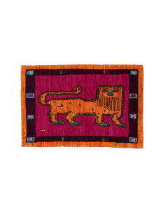 ライオンギャッベ 約66cm x 98cm 玄関マット ギャッベ ラグ 絨毯 オレンジ ピンク ウール100% 羊毛 自然 ユニーク 個性的 モコモコ ふかふか 動物 アニマル オールシーズン 床暖房対応 ホットカー