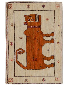 ライオンギャッベ 約64cm x 94cm ギャッベ ラグ ベージュ ウール100% 玄関マット 羊毛 自然 ユニーク モコモコ ふかふか 動物 アニマル オールシーズン 床暖房対応 ホットカーペット対応 厚手 現