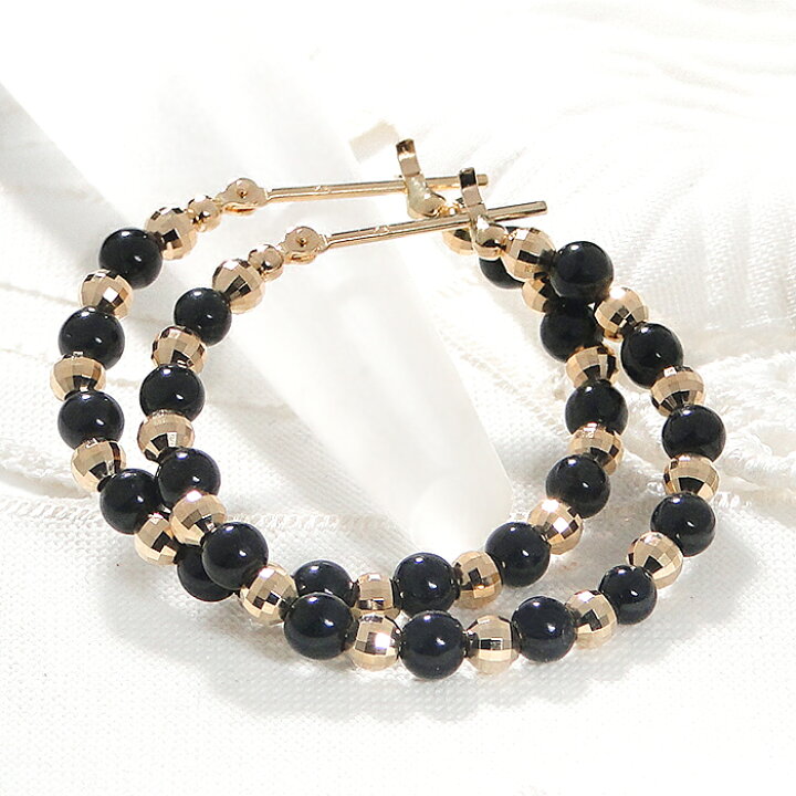 楽天市場】K18YG【30mm】オニキス＆ミラーボール フープピアス18金 