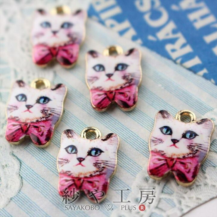楽天市場】チャーム 猫 リボン カン付 ピンク 15mm 5個 5ヶ イラスト 
