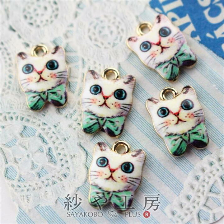楽天市場】チャーム 猫 リボン カン付 グリーン 15mm 5個 5ヶ イラスト 