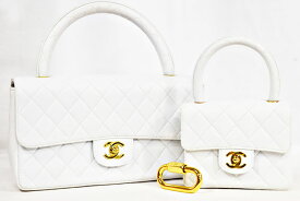 シャネル　CHANEL　マトラッセ　親子バッグ ハンドバッグ　 白　ラムスキン　G金具　ゴールド金具　ターンロック　ココマーク　本物　新品同様　ヴィンテージ