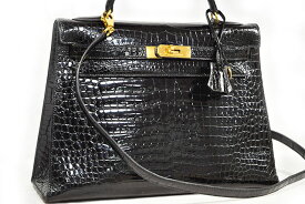 エルメス　HERMES　ケリー32　外縫い　黒　クロコダイル ポロサス 　ブラック　black　G金具　ゴールド金具　〇X刻印　1994年製造　本物　ランクAプラス　ショルダーバッグ　ハンドバッグ　32cm　クロコ