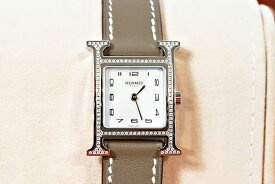 エルメス　HERMES　Hウォッチ　純正ダイヤベゼル　HH1.235　ホワイトシェル文字盤　エトゥープ×スイフトベルト　　SS　クオーツ　U刻印　2022年製造　腕時計　レディース　本物　未使用　展示品　ダイヤモンド　レディース