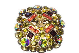 シャネル　CHANEL　ココマーク　ブローチ　GP×ラインストーン　グリーン×レッド　06A　2006年製　ゴールド金具　G金具　本物　ヴィンテージ　レア物　未使用　箱付き　CCマーク