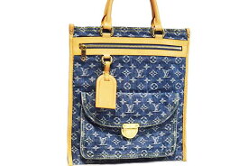 ルイ ヴィトン　モノグラム デニム　フラットショッパー　M95018　トートバッグ　ハンドバッグ　ブルー ×ベージュ　キャンバス×ヌメ革　G金具　ゴールド金具　LOUIS VUITTON　本物　ランクA　薄型デニムトート　ルイ・ヴィトン