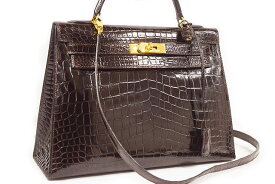 エルメス　HERMES　ケリー32　外縫い　こげ茶　ダークブラウン　クロコダイル ニロティカス　G金具　ゴールド金具　〇W刻印　1993年製造　本物　新品同様　ケリーバッグ　クロコ　ショルダーバッグ　ハンドバッグ　32cm　茶系　濃茶