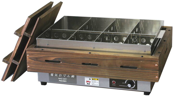 楽天市場 おでん鍋 電気タイプ Nho 8sy 8ツ仕切 容量l 専用木枠付き 外寸 573ｘ398ｘ277mm 電気おでん鍋 業務用 角型 定番 居酒屋 屋台 大きい 単相100v 木蓋 おすすめ 昔ながらの 安全 冬 温まる 操作簡単 鍋料理 人気 四角 仕切り８つ Scキッチンtown