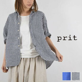 【 prit 全品ポイント10倍】＆エントリーで最大P47倍!!お買い物マラソン♪4/24(wed)20:00～4/27(sat)9:59まで　　prit(プリット)60/1フレンチリネンギンガムチェック5分袖 レギュラーカラー シャツmade in japanp81421