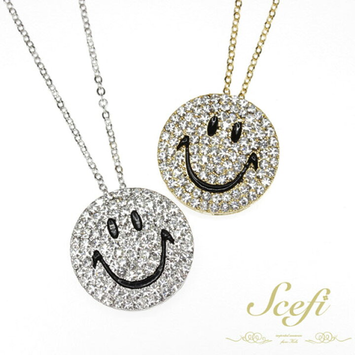 楽天市場 スマイル ロングネックレス スマイルマーク ラインストーン Smile ニコちゃん あす楽対応 おしゃれ アクセサリーシェフィ
