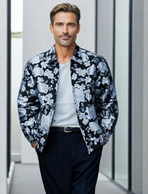 イケオジ ジャケット メンズ ちょい悪 オヤジ ミスタ—ジョージ ダンディ 40代 50代 アウター ファッション 60代 おしゃれ ブルゾン 花柄 フラワー 防寒着 ジップジャケット ジップブルゾン ジャガード 総柄 大人 黒 白 中年男性 服 秋冬